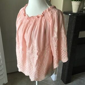 love J Off Shoulder Eyelet Blouse XLARGE Cropped Coral Pink 100% Cotton Romantic